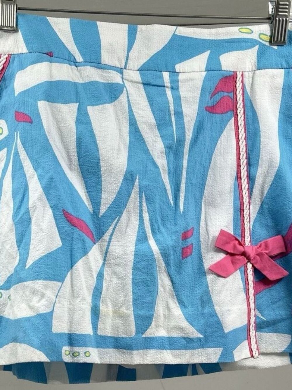 Lilly Pulitzer Blue White Sailboat Print Pink Bow Trim Mini Skirt Size 8